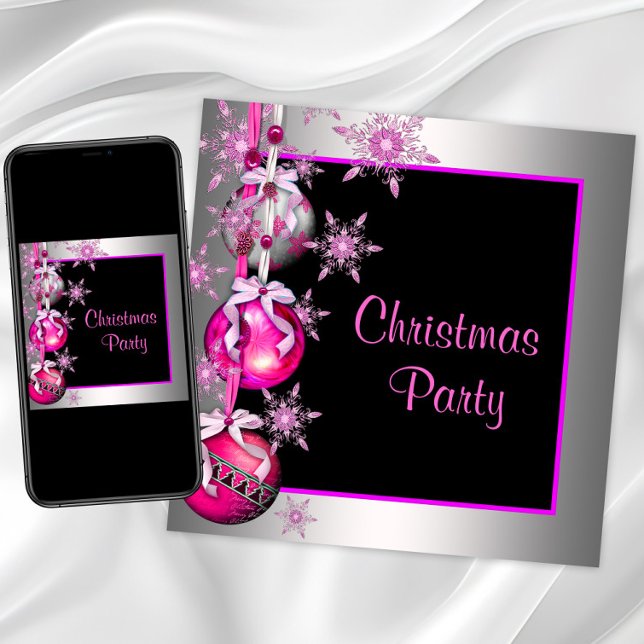 Snowflakes Ornaments Hot Pink Christmas Party Invitation (Snowflakes and ornaments pink Christmas party invitation. Digital download and printed available.)