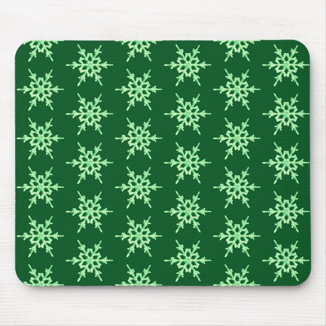 Snowflakes, pale green crystals on dark green mouse pad (Front)