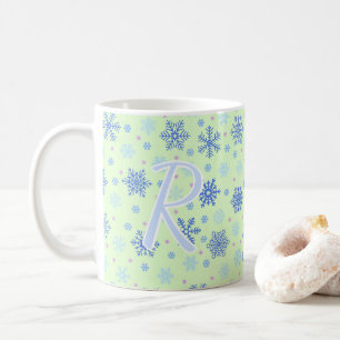 Snowflakes Pastel Green Elegant Script Monogram Coffee Mug