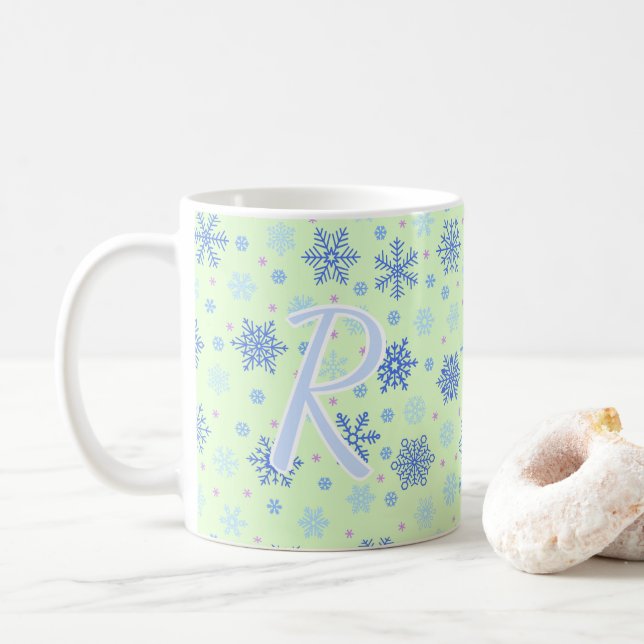 Snowflakes Pastel Green Elegant Script Monogram Coffee Mug (With Donut)