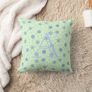 Snowflakes Pastel Green Modern Elegant Monogram Cushion