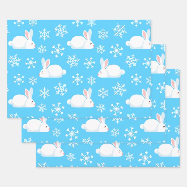 Snowflakes Pattern Cute Bunny Merry Christmas Gift Wrapping Paper Sheet (Set)