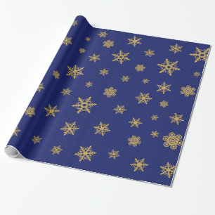 Snowflakes Pattern Gold on Blue Wrapping Paper