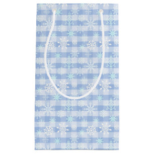 Snowflakes pattern on plaid blue background small gift bag