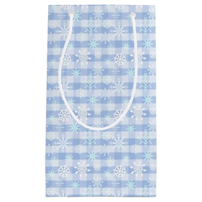Snowflakes pattern on plaid blue background  small gift bag (Front)