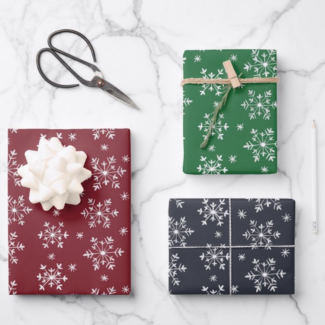 Snowflakes pattern - red, emerald & midnight wrapping paper sheet (Front)