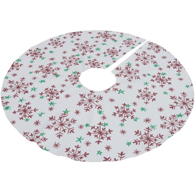 Snowflakes Pattern - Red & Green on Silver Gray Brushed Polyester Tree Skirt (Angled)