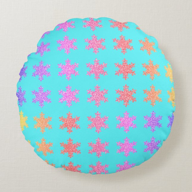 Snowflakes Patterns Glittery Gold Turquoise Blue Round Cushion (Front)