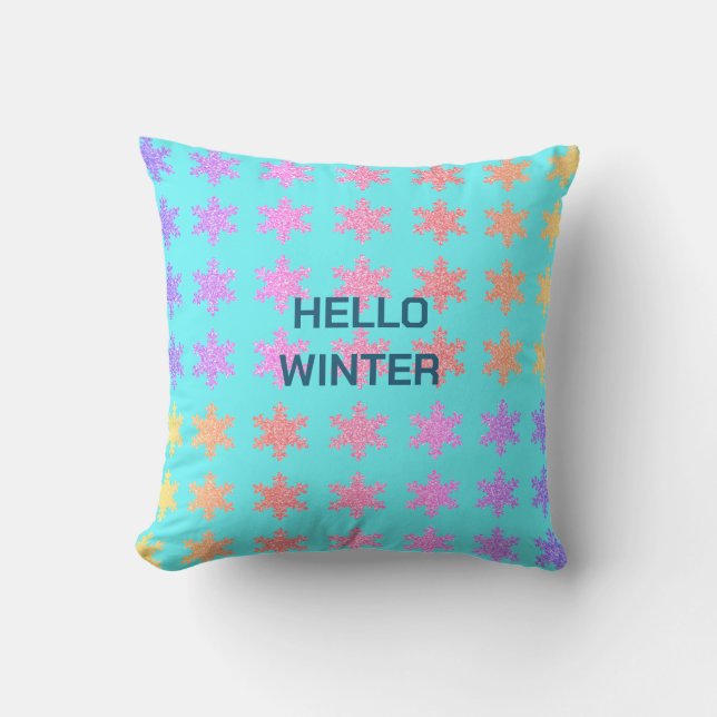 Snowflakes Patterns Hello Winter Typography Blue Cushion (Front)