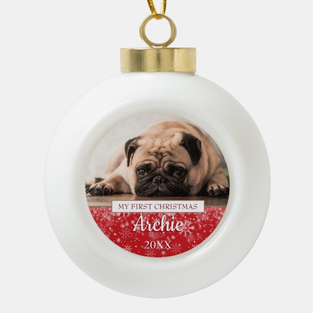 Snowflakes Pet Dog Photo First Christmas Ceramic Ball Christmas Ornament (Front)
