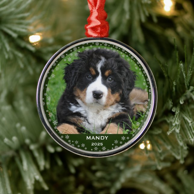 Snowflakes pet name photo christmas metal ornament (Tree)