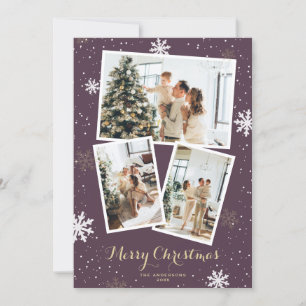 Snowflakes Photo Collage Purple Merry Christmas Holiday Card