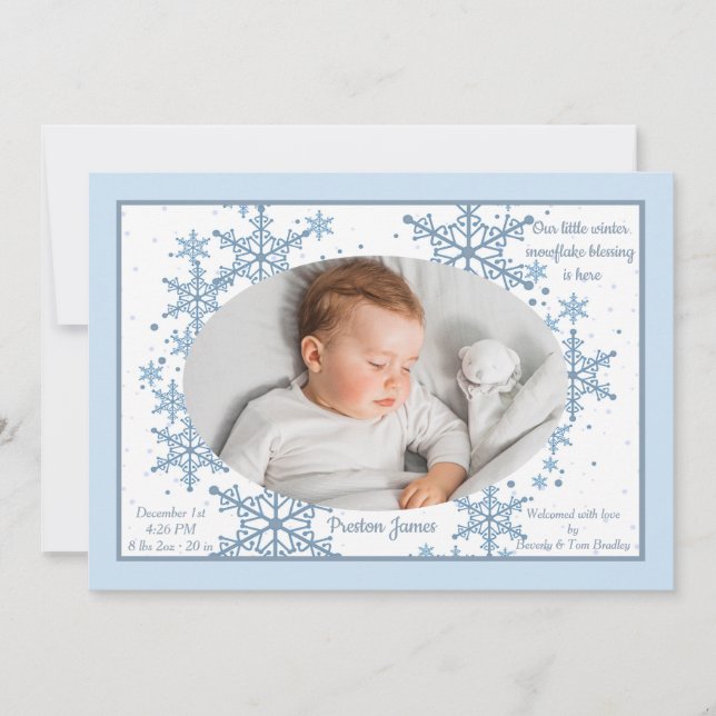 Snowflakes Photo Frame Blue Birth Announcement (Front)