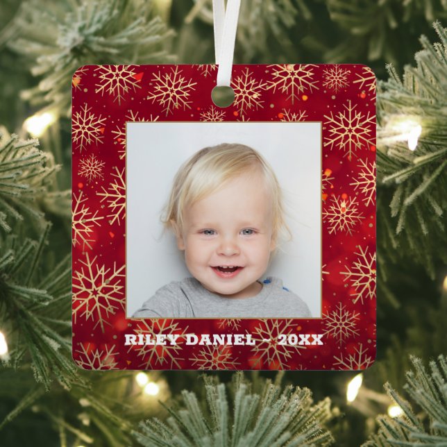 Snowflakes Photo Red Metal Tree Decoration (Insitu)