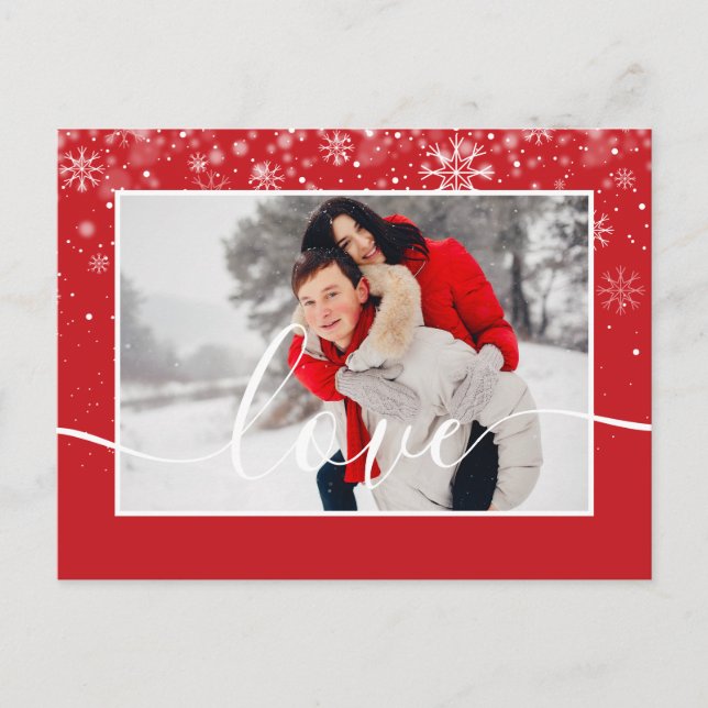 Snowflakes Photo White Script Typography Holiday Postcard (Front)