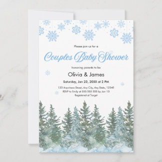 Snowflakes Pine Trees Winter Couples Baby Shower Invitation