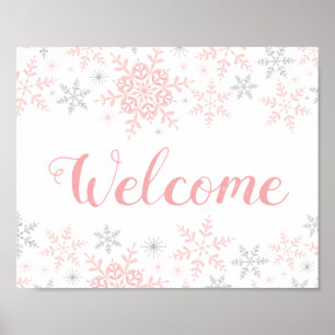 Snowflakes Pink Baby Girl Shower Welcome Sign