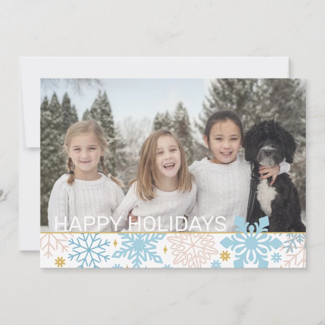 Snowflakes Pink Blue Gold Christmas Holidays PHOTO Holiday Card (Front)