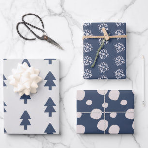 Snowflakes Pink Navy Christmas Tree Snow Snowflake Wrapping Paper Sheet
