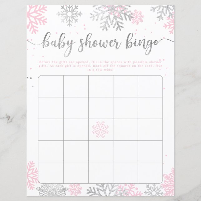 Snowflakes Pink Silver Baby Shower Bingo Game (Front)