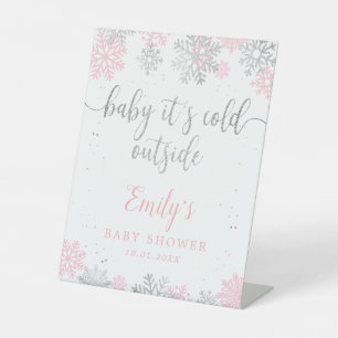 Snowflakes Pink Silver Baby Shower Welcome  Pedestal Sign