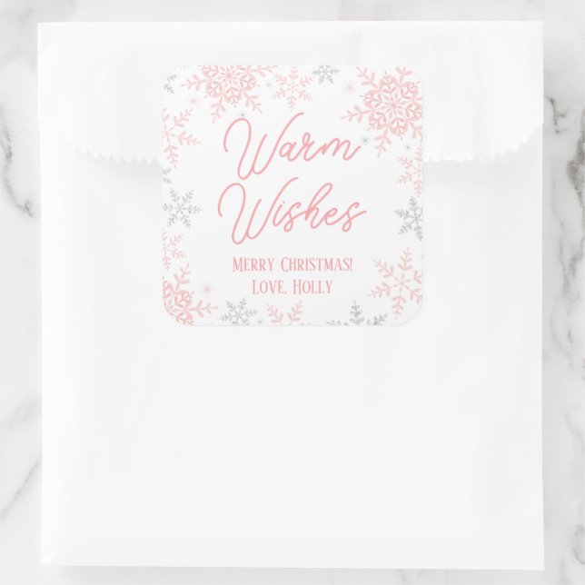 Snowflakes Pink & Silver Glitter Christmas Gift Square Sticker (Bag)
