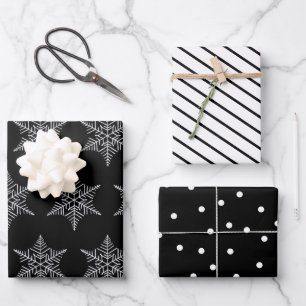 Snowflakes polka dots and stripes black and white wrapping paper sheet