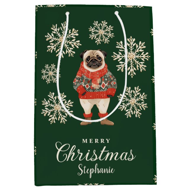 Snowflakes Pug Dog Green Christmas Gift Bag (Front)