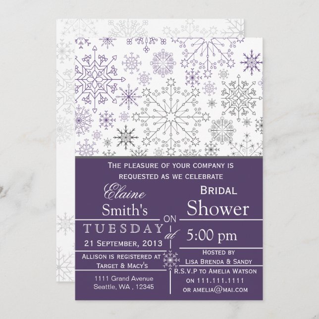Snowflakes Purple Grey Winter Bridal shower Invite (Front/Back)