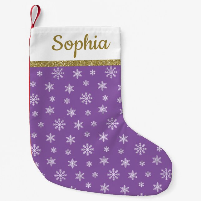 Snowflakes Purple pattern personalised name Small Christmas Stocking (Front)