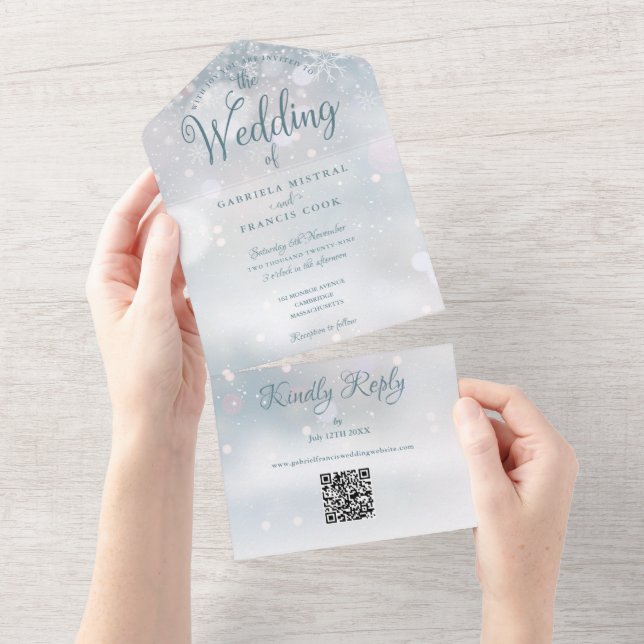 Snowflakes QR Code Monogram Winter Wedding All In One Invitation (Tearaway)