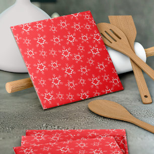 Snowflakes, Red and White Snowflakes, Snow Ceramic Tile