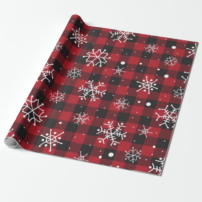 Snowflakes Red Black Buffalo Plaid Wrapping Paper (Unrolled)