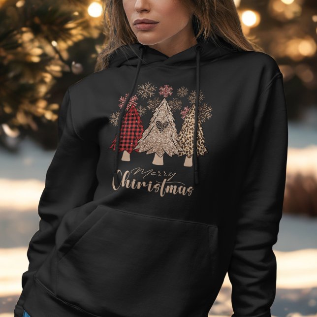 Snowflakes Red Buffalo Plaid Boho Christmas Tree Hoodie (Creator Uploaded)