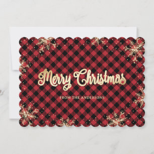 Snowflakes Red Buffalo Plaid Gold Christmas Holiday Card
