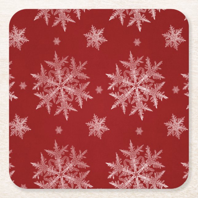 Snowflakes Red Holiday Christmas    Square Paper Coaster (Front)