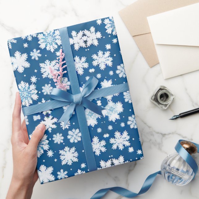 Snowflakes repeating pattern white blue  wrapping paper (Gifting)