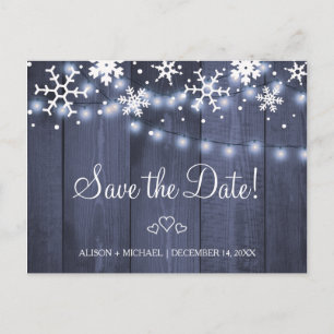 Snowflakes rustic hanging lights wedding save date announcement postcard