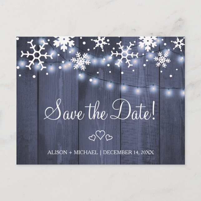 Snowflakes rustic hanging lights wedding save date announcement postcard (Front)