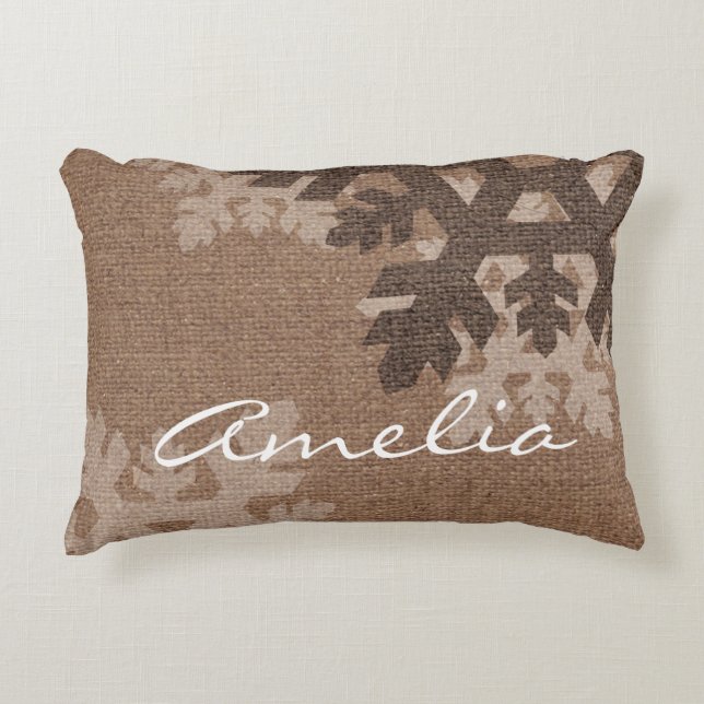 Snowflakes Rustic Home Decor Faux Burlap Monogram Decorative Cushion (Front)