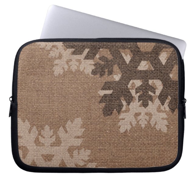 Snowflakes Rustic Style Faux Burlap Accessory Laptop Sleeve (Front)