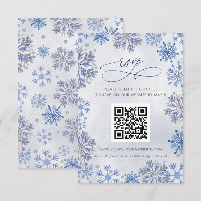 Snowflakes Silver Blue Winter Wedding QR CODE RSVP Card (Front/Back)