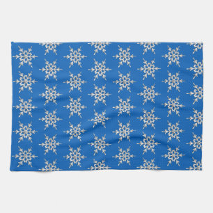 Snowflakes, silver crystals on cobalt blue tea towel
