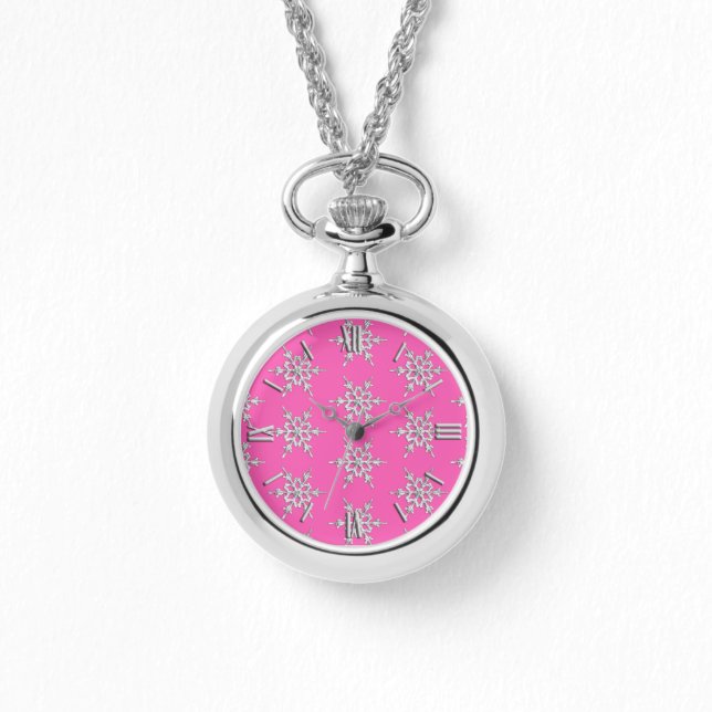 Snowflakes, silver crystals on fuchsia pink watch (Front)