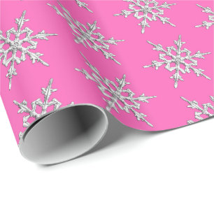 Snowflakes, silver crystals on fuchsia pink wrapping paper