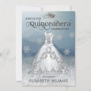 Snowflakes Silver dress ombre tiara Quinceañera Invitation