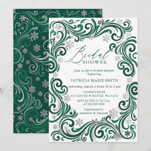 Snowflakes Silver Emerald Winter Bridal Shower Invitation