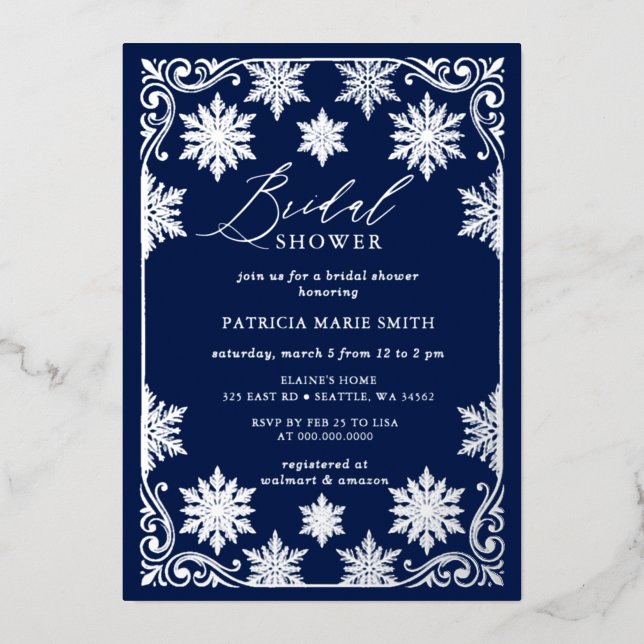  Snowflakes Silver Navy Winter Bridal Shower (Front)
