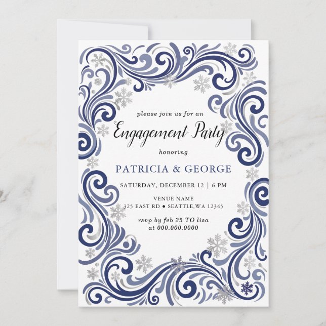  Snowflakes Silver Navy Winter Engagement Invitation (Front)