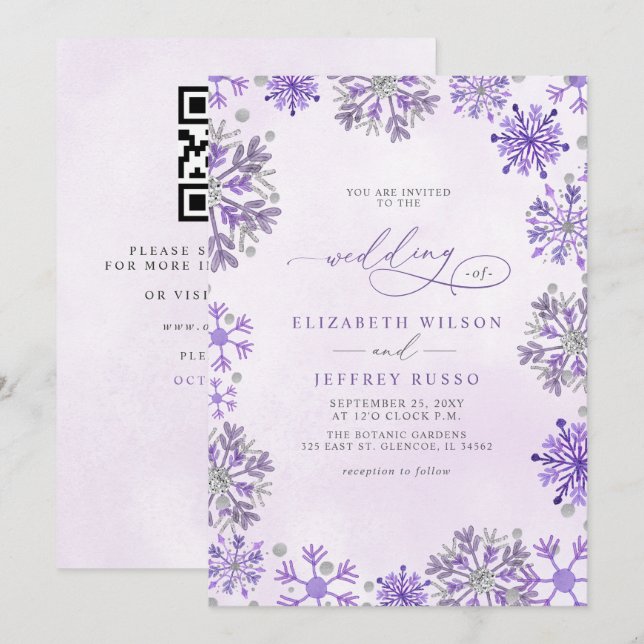Snowflakes Silver Purple Winter QR Code Wedding Invitation (Front/Back)